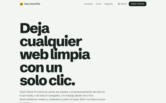 Portada de clearcachepro.com: «Deja cualquier web limpia con un solo clic»