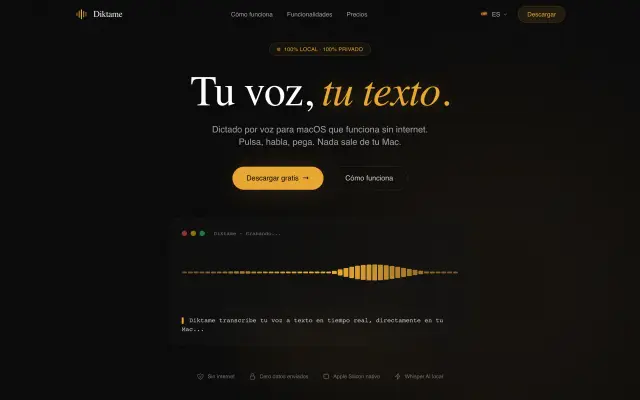 Portada de diktame.app: «Tu voz, tu texto» sobre una onda de voz que se transcribe en directo