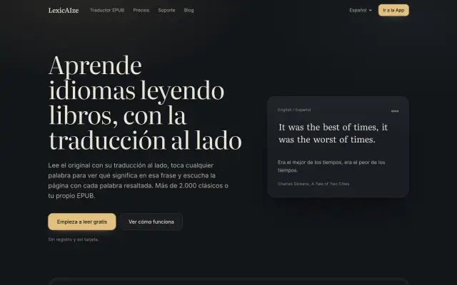 Portada de lexicaize.com: «Aprende idiomas leyendo libros, con la traducción al lado», junto a una frase de Dickens traducida